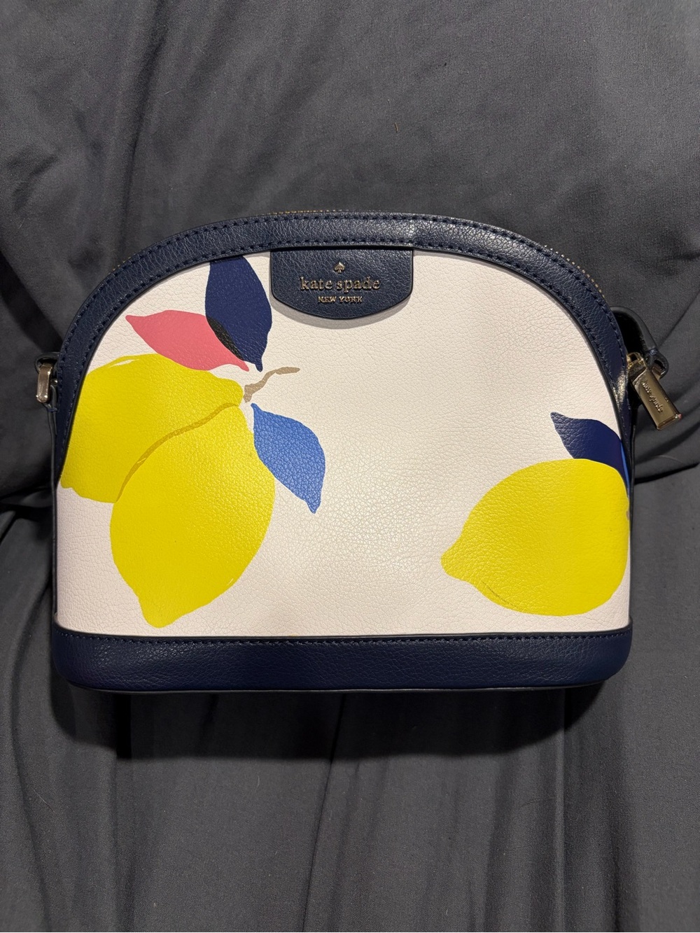 kate spade White Lemon Print Dome Crossbody with Navy Trim
